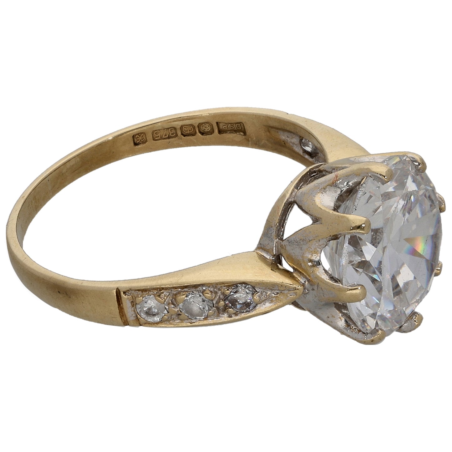 9ct Gold Cubic Zirconia Single Stone Ring with Accent Stones Size L