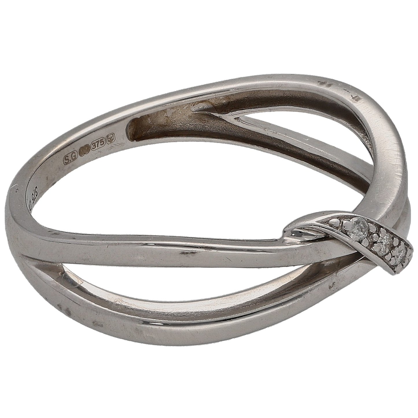 9ct white gold ring with round diamonds at the crossover, size M double bands