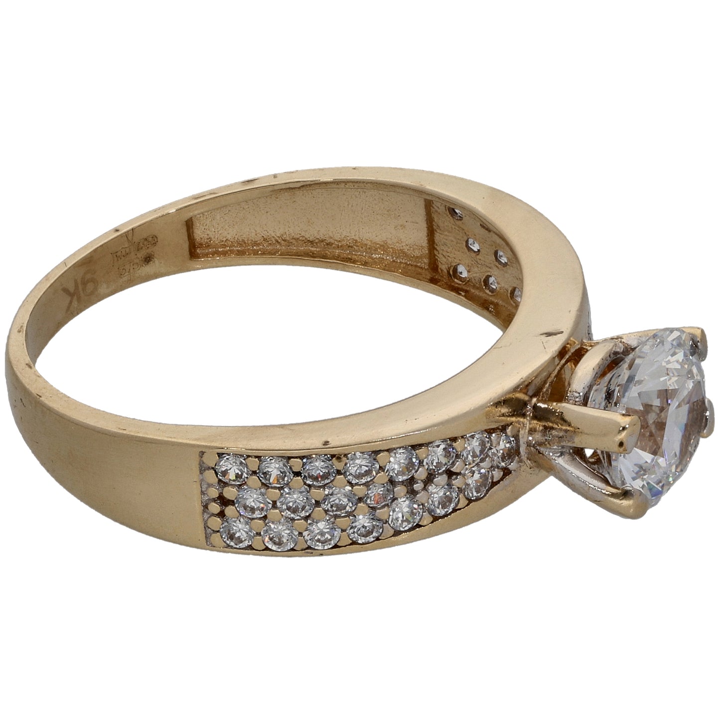 9ct Gold Cubic Zirconia Single Stone Ring with Accent Stones Size N
