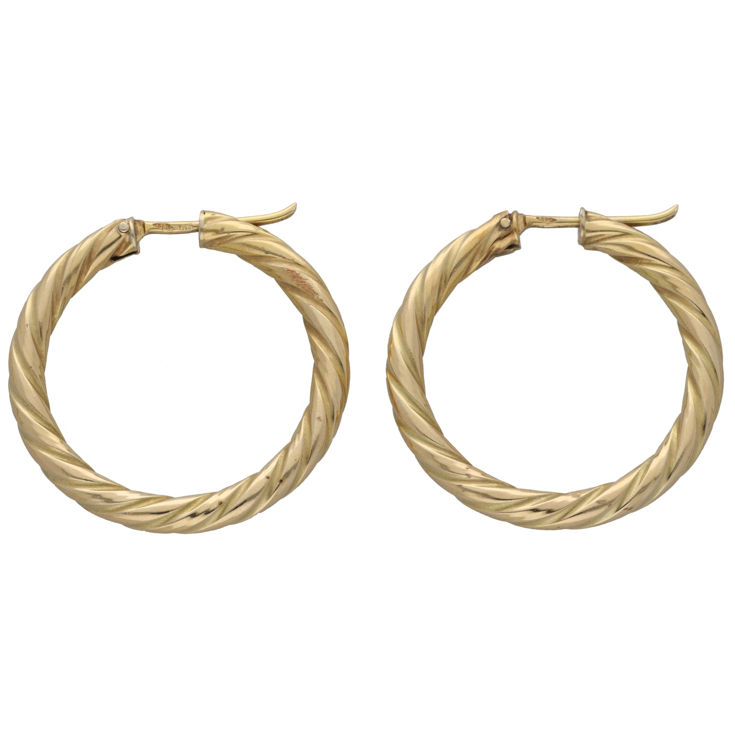 14ct gold braided hoop earrings with twisted rope texture and hinged clasp
