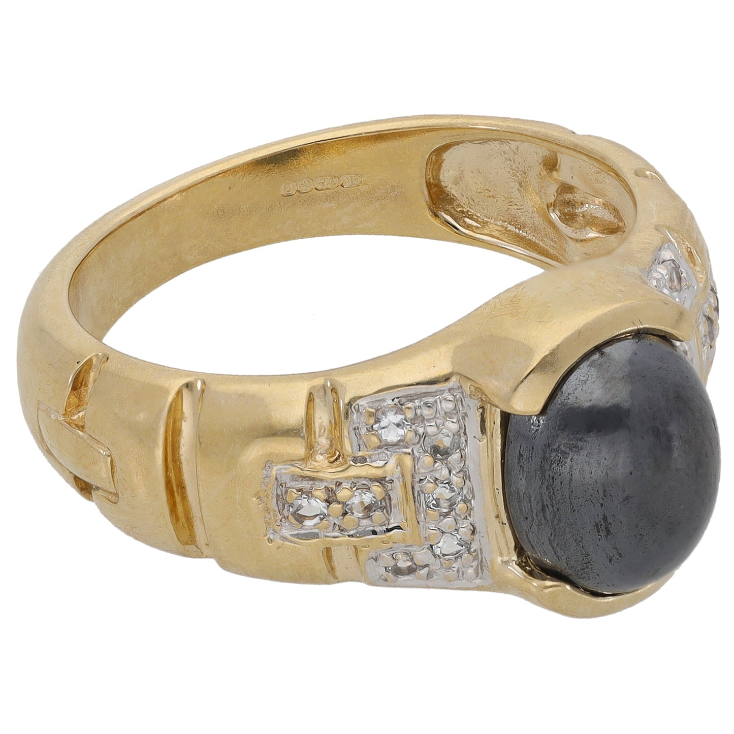 9ct Gold Hematite & Cubic Zirconia Single Stone Ring with Accent Stones Size T