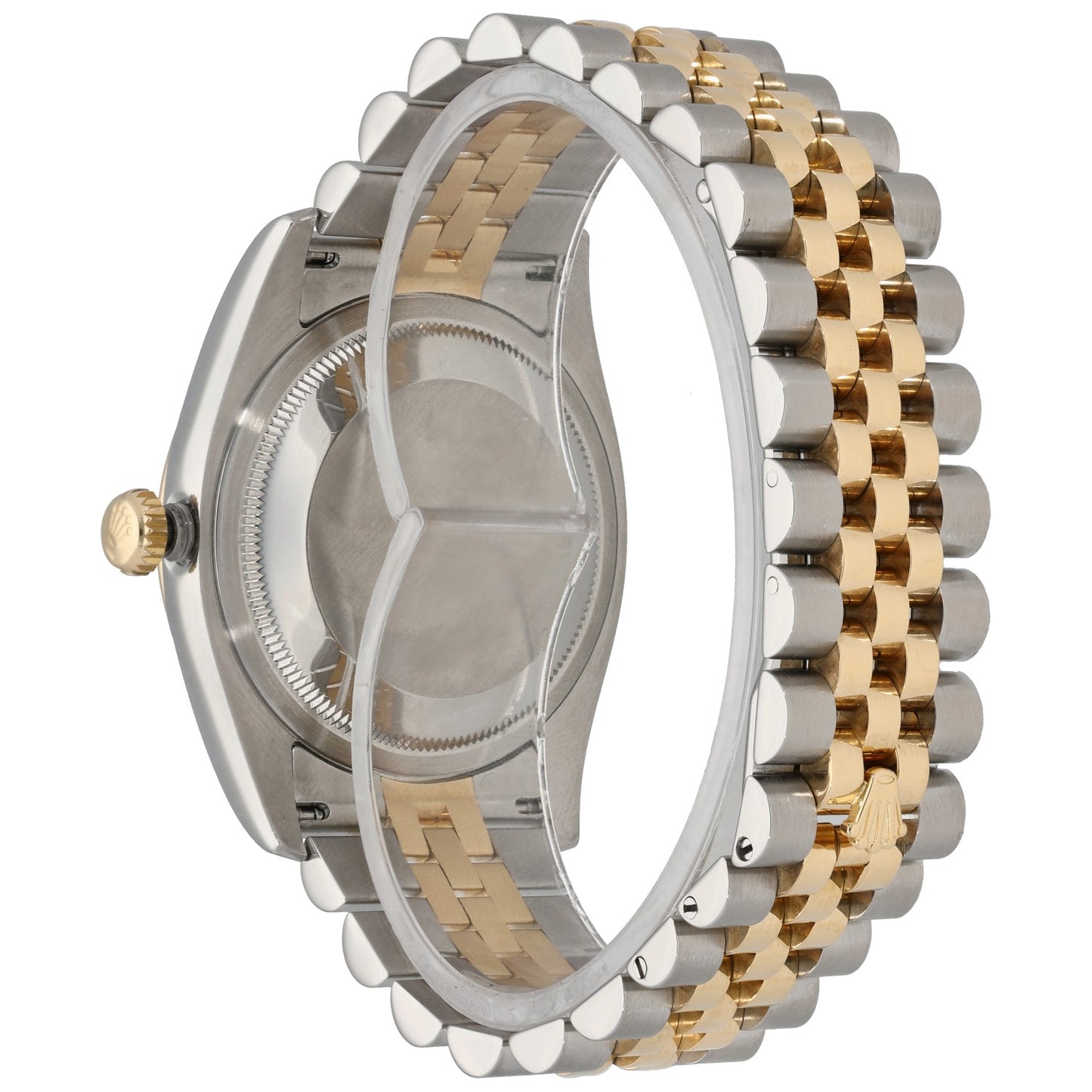 Rolex Datejust 116233 bi-colour watch back view, gold crown, silver and gold bracelet