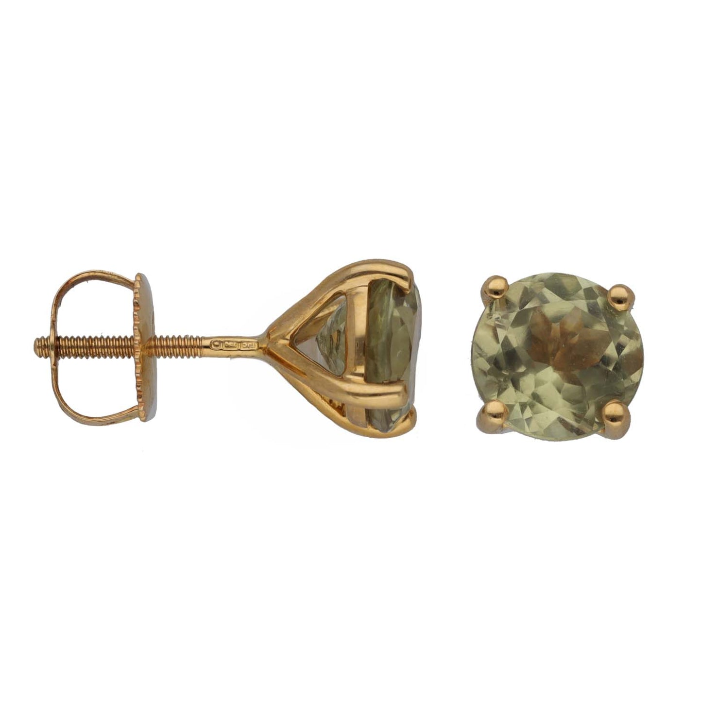 18ct gold chrysoberyl single-stone stud earring, faceted green oval with 4 prongs