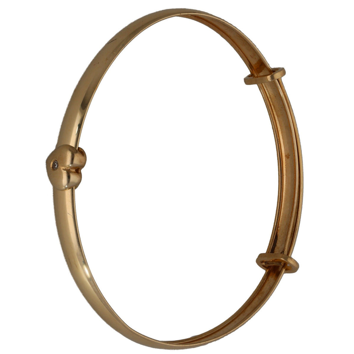 Yellow gold expanding bangle bracelet with round hinge ends