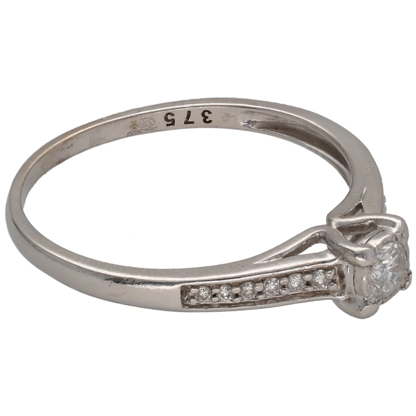 9ct White Gold 0.33ct Diamond Solitaire Ring With Accent Stones Size S