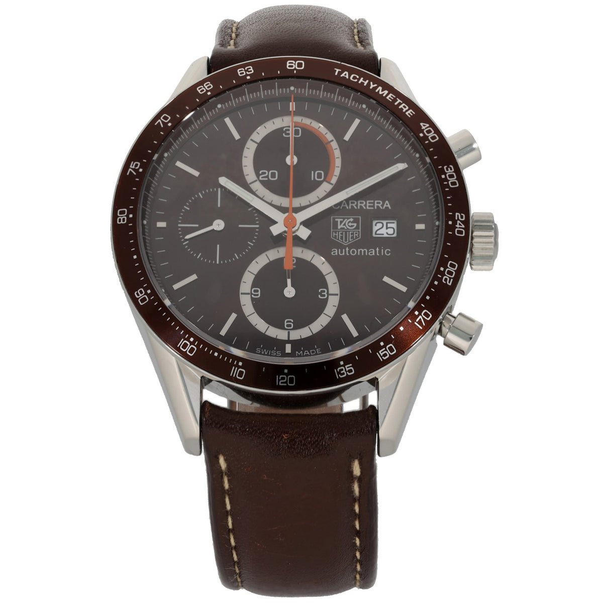 Tag Heuer Carrera CV2013-3, chocolater brown dial, bezel and leather strap, front image