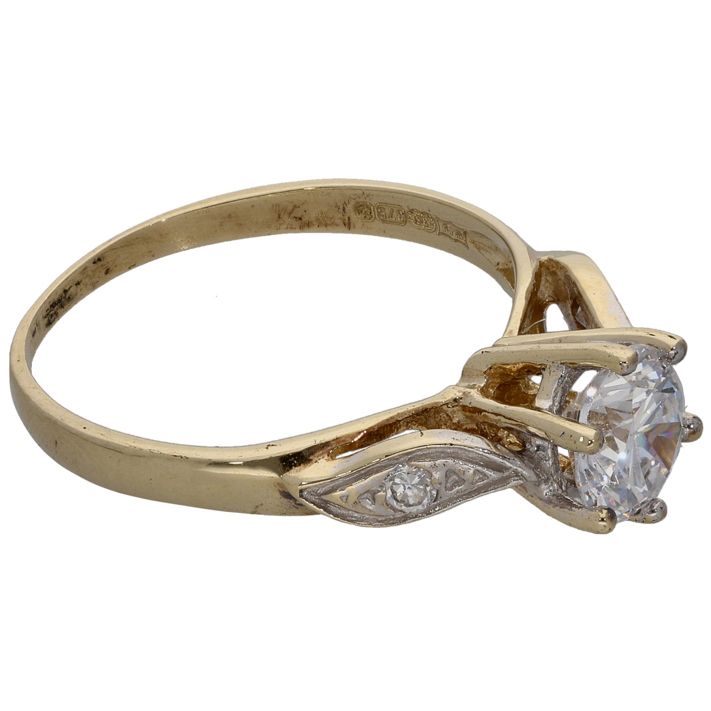 9ct Gold Cubic Zirconia Single Stone Ring with Accent Stones Size L