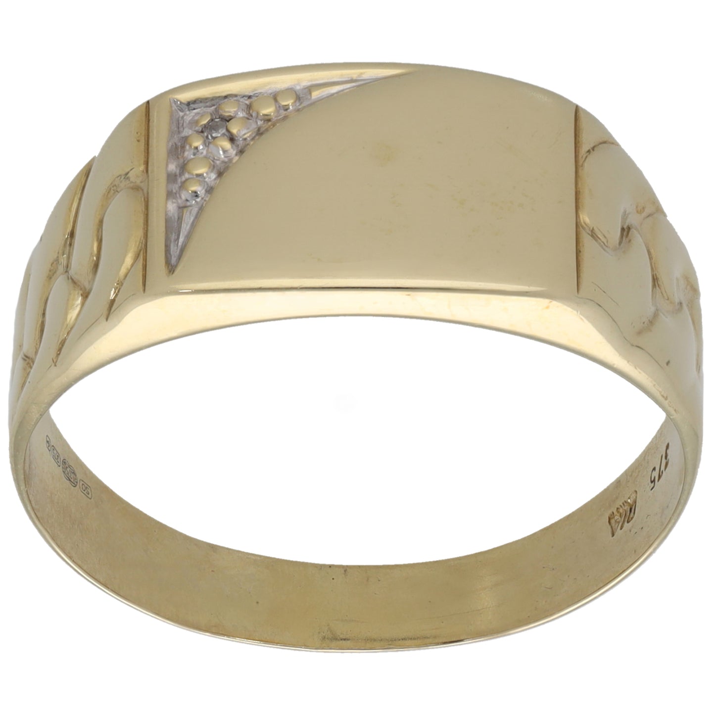 9ct Gold 0.005ct Diamond Patterned Single Stone Signet Ring Size X
