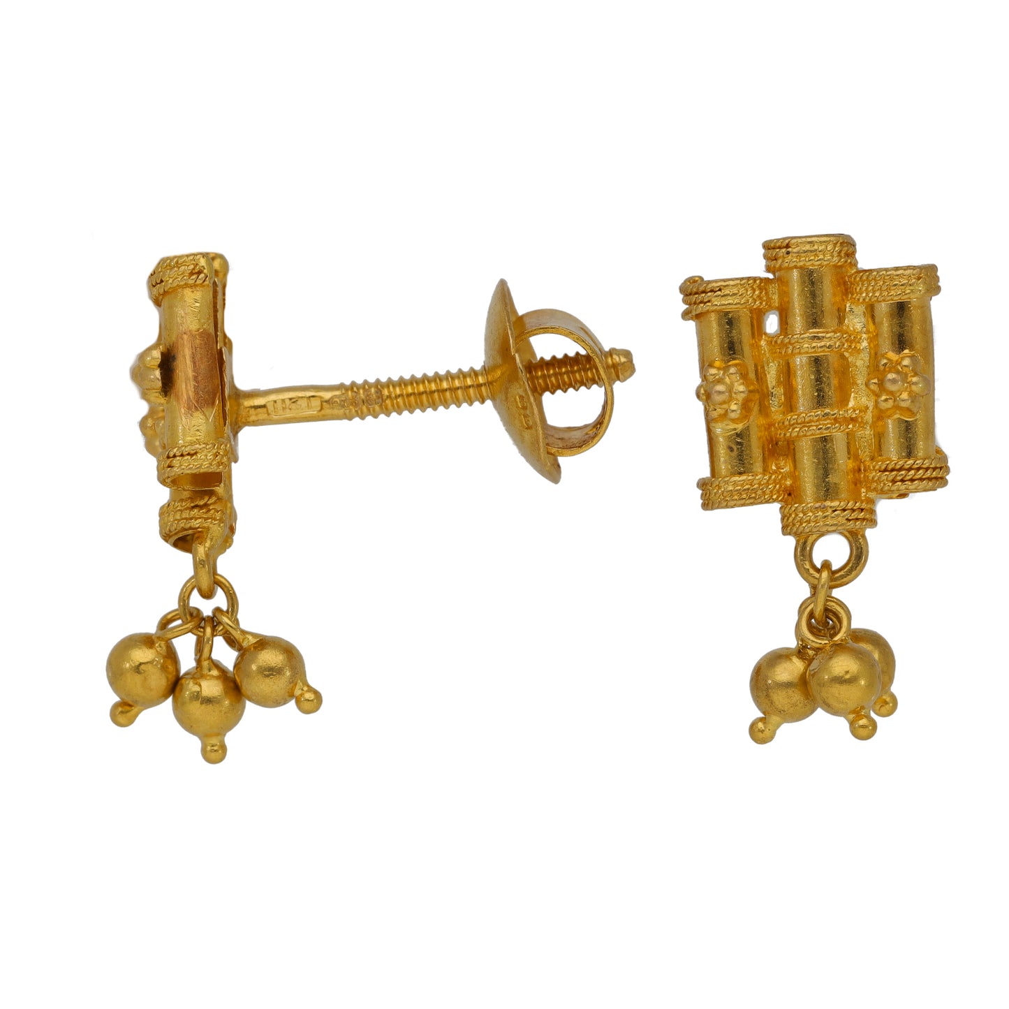 22ct Gold stud earrings with ornate square backs and dangling bead charms