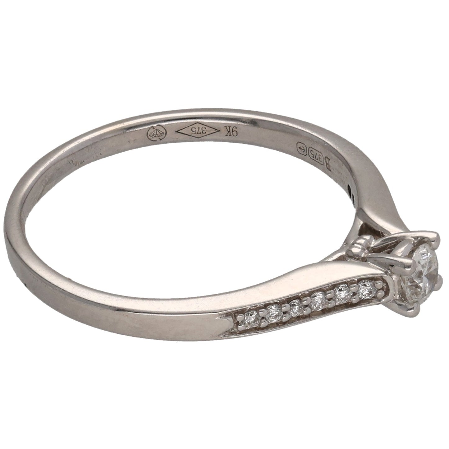 9ct White Gold 0.21ct Diamond Solitaire Ring With Accent Stones Size N