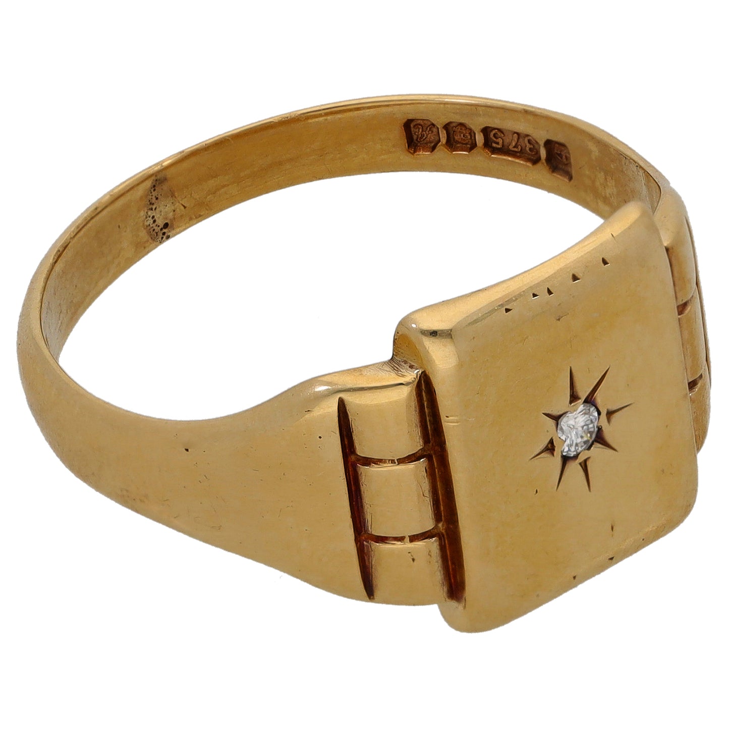 9ct Gold 0.03ct Diamond Single Stone Signet Ring Size W