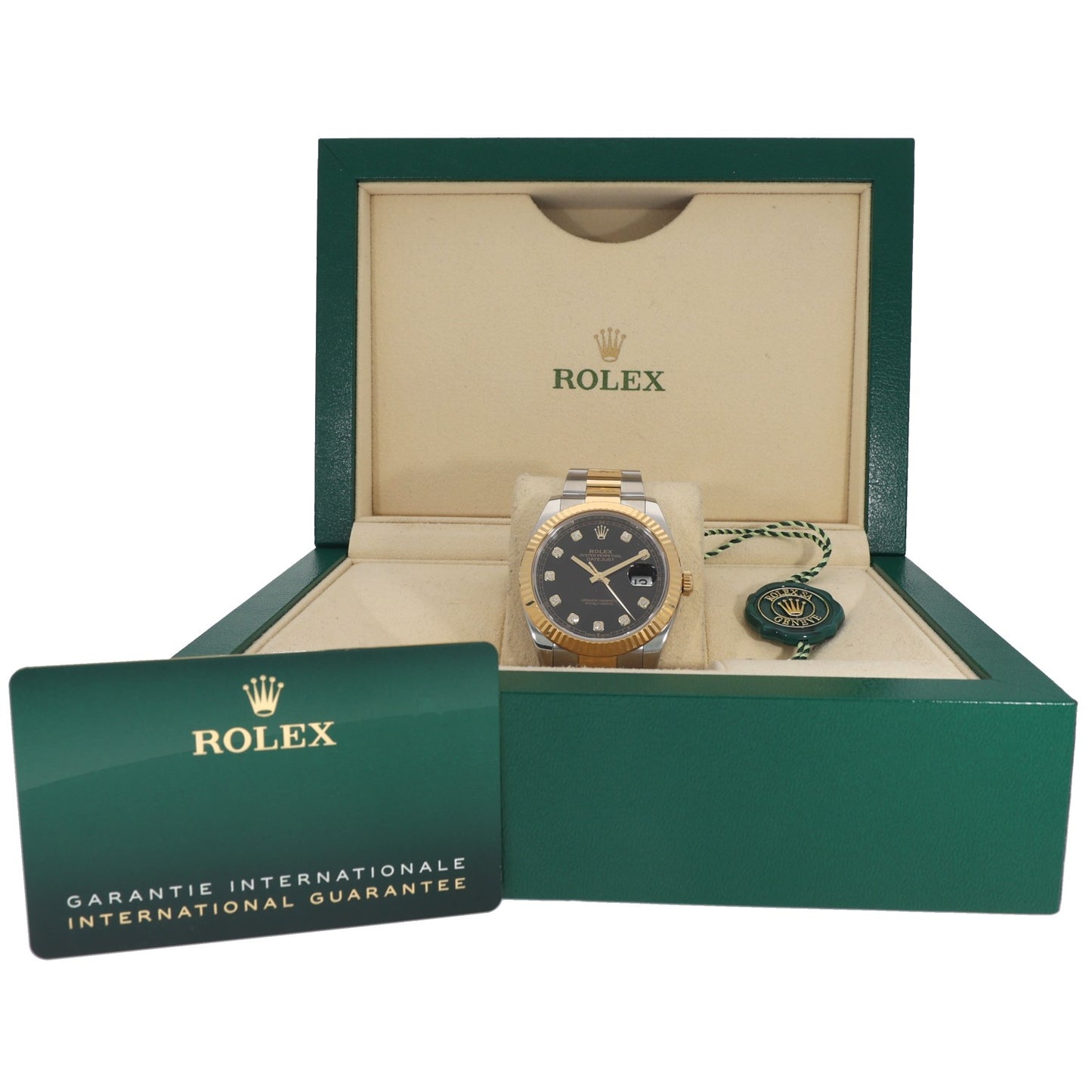 Rolex Datejust watch in green presentation box, bi-colour steel, black dial