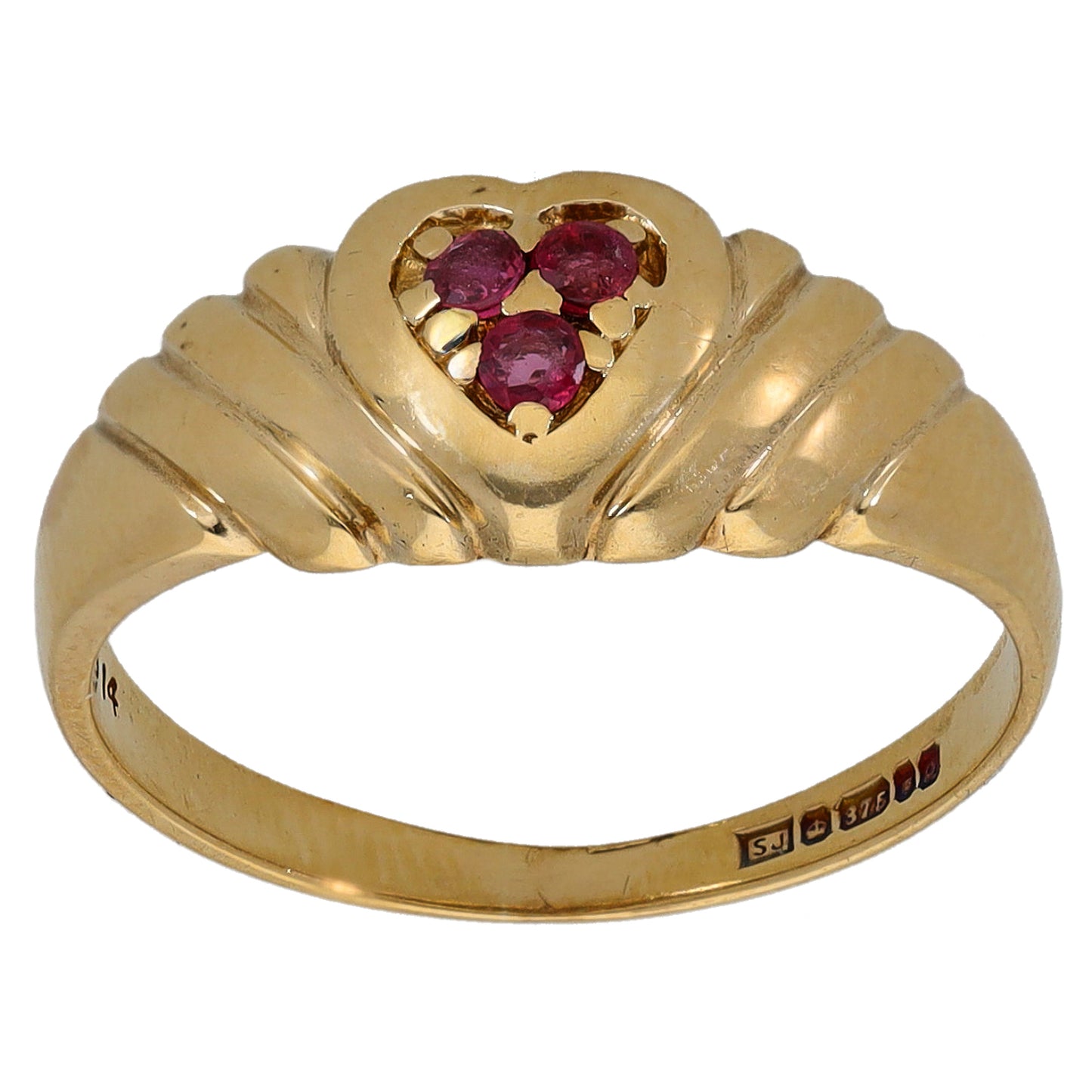 9ct gold ruby cocktail ring with three red heart-shaped stones and ribbed shoulders