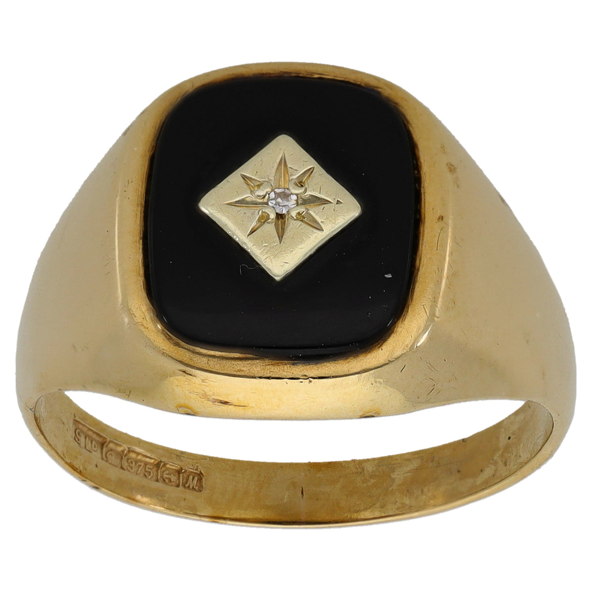 9ct Gold Onyx & 0.005ct Diamond Signet Ring Size Q
