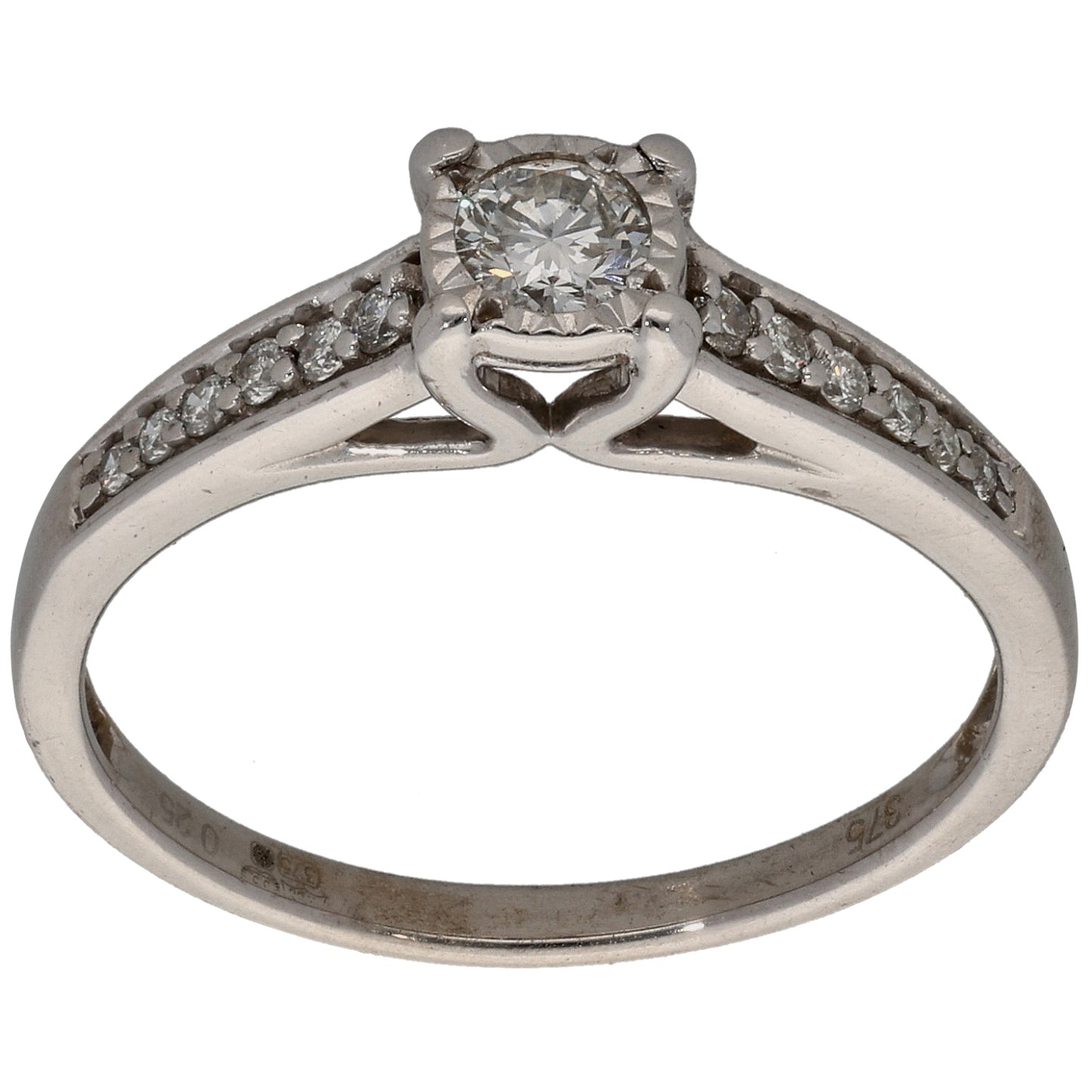 9ct White Gold 0.25ct Diamond Solitaire Ring With Accent Stones Size L