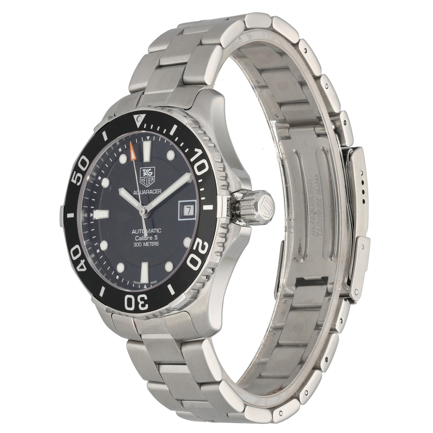 Tag Heuer Aquaracer WAN2110, black dialed Swiss watch on a stainless steel bracelet and case, front angled image