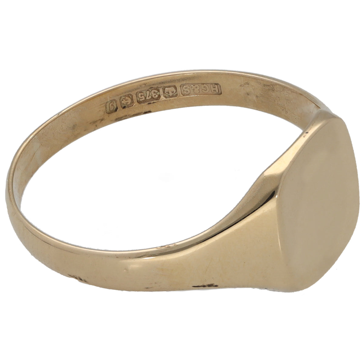 9ct gold plain signet ring, side view with oval face and inner hallmark text