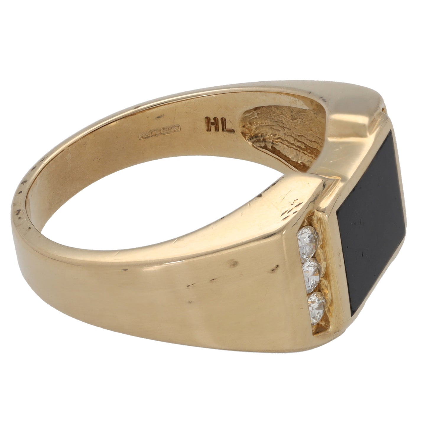14ct Gold Onyx & 0.30ct Diamond Patterned Signet Ring Size T