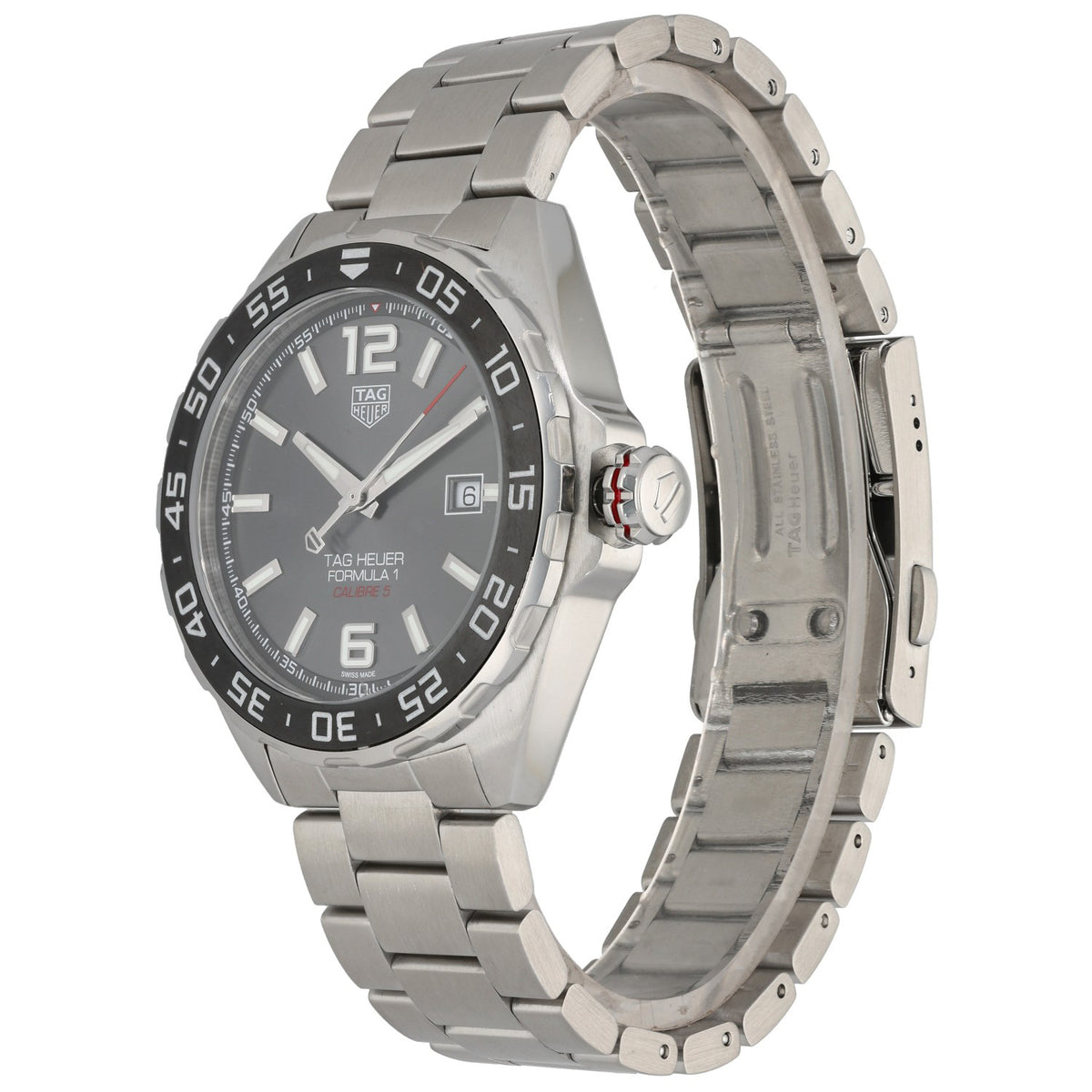 Tag Heuer F1 WAZ2011 Stainless steel wristwatch showing side crown and metal bracelet links