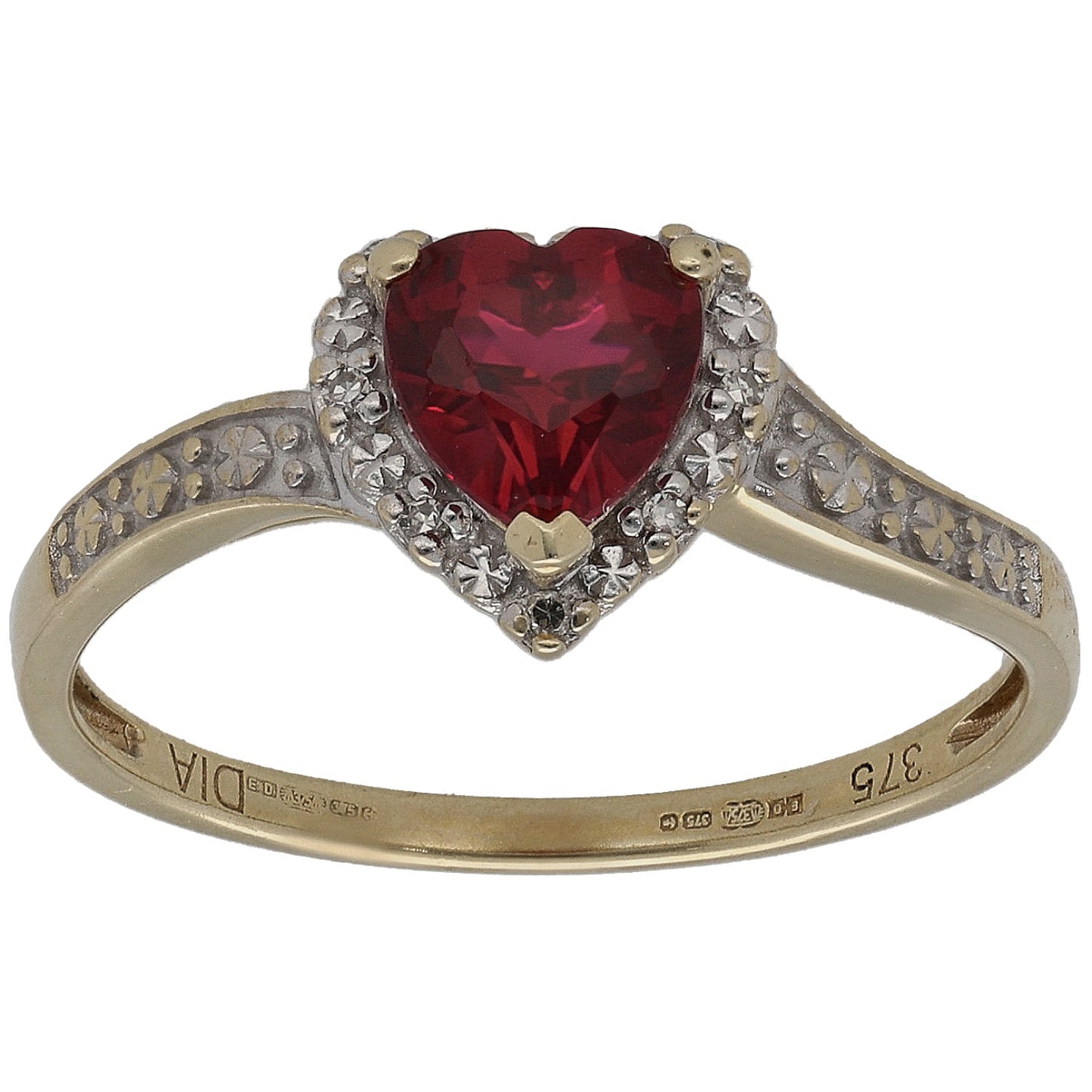Heart-cut red gemstone solitaire ring in gold with diamond accents