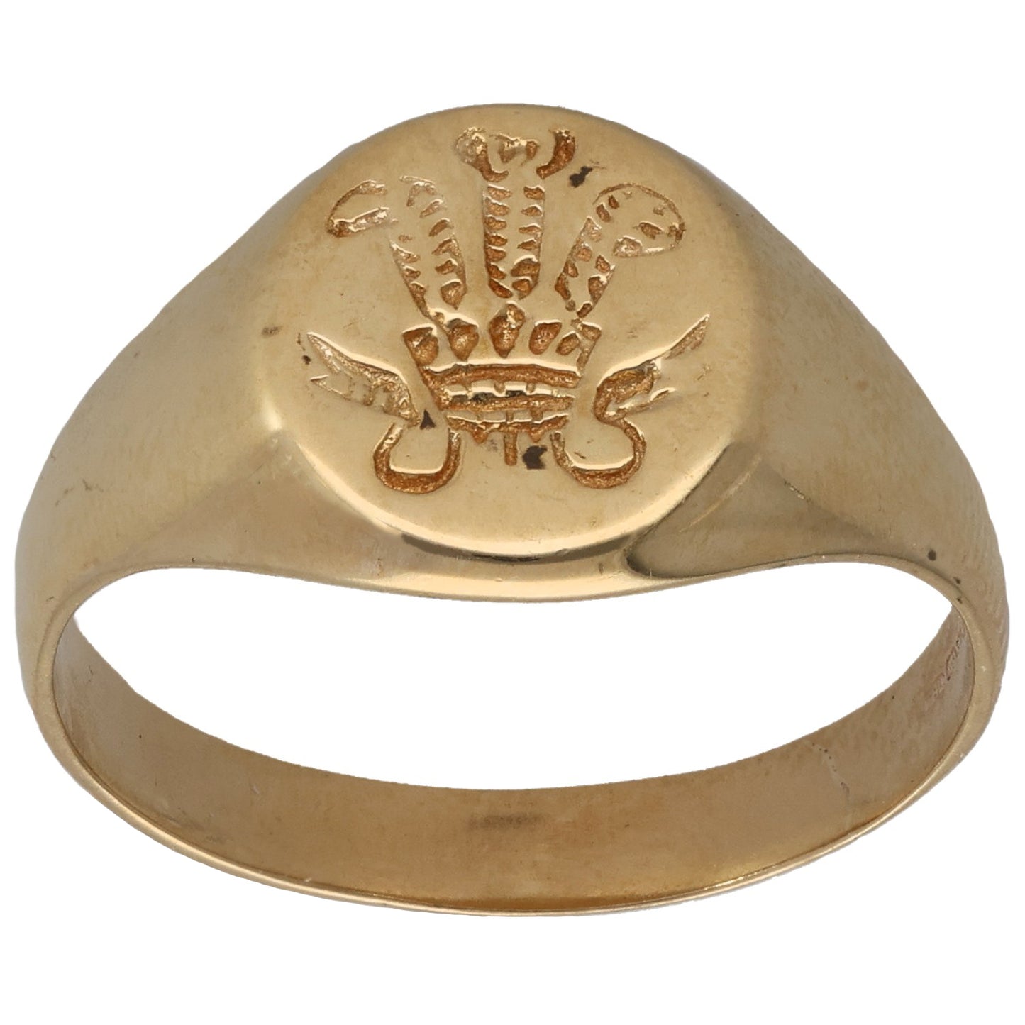 Gold-tone signet ring with engraved emblem on front face