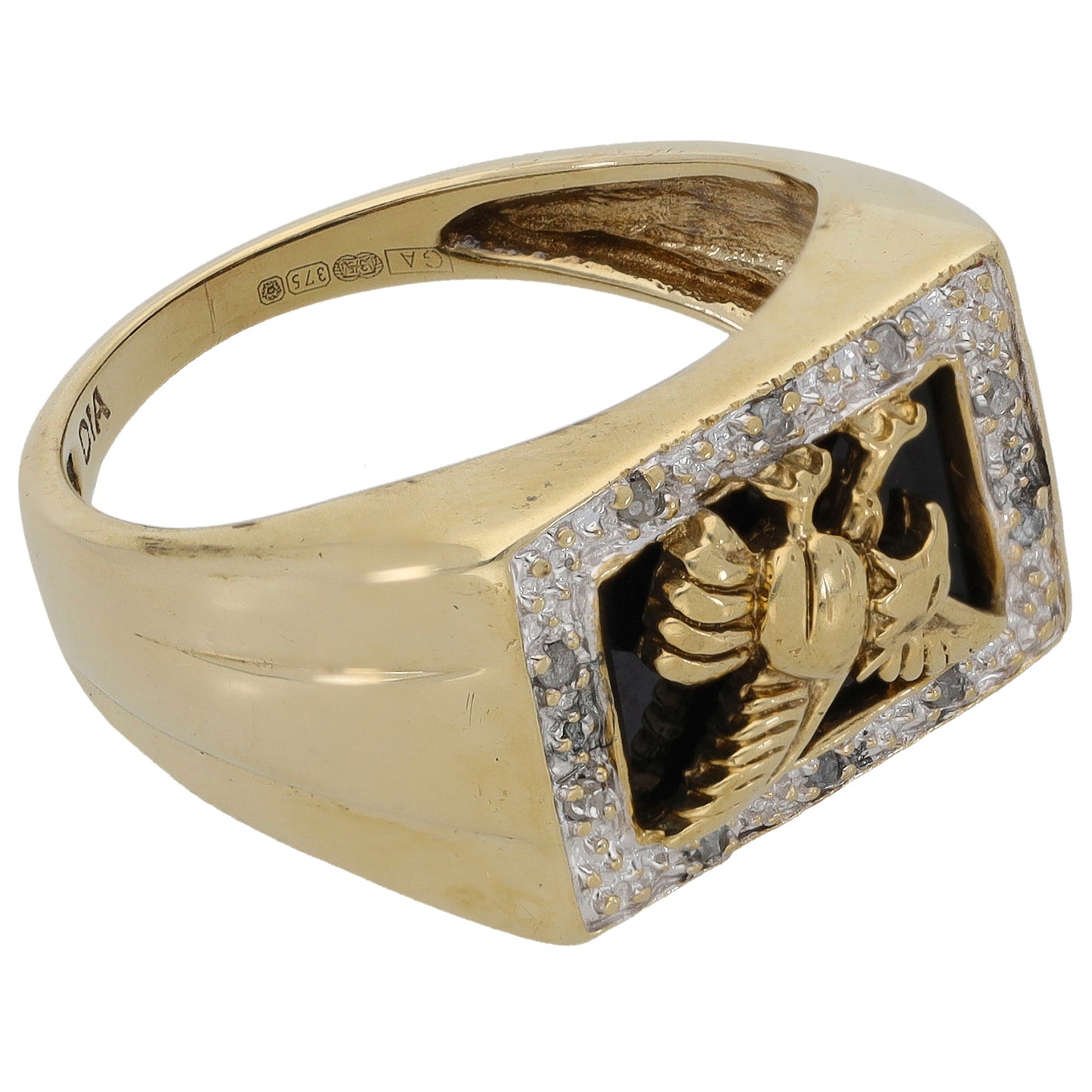 9ct Gold 0.05ct Diamond & Onyx Crest/Emblem Signet Ring Size R
