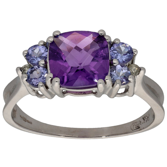 14ct White Gold Amethyst, Tanzanite & 0.02ct Diamond Dress/Cocktail Ring Size S
