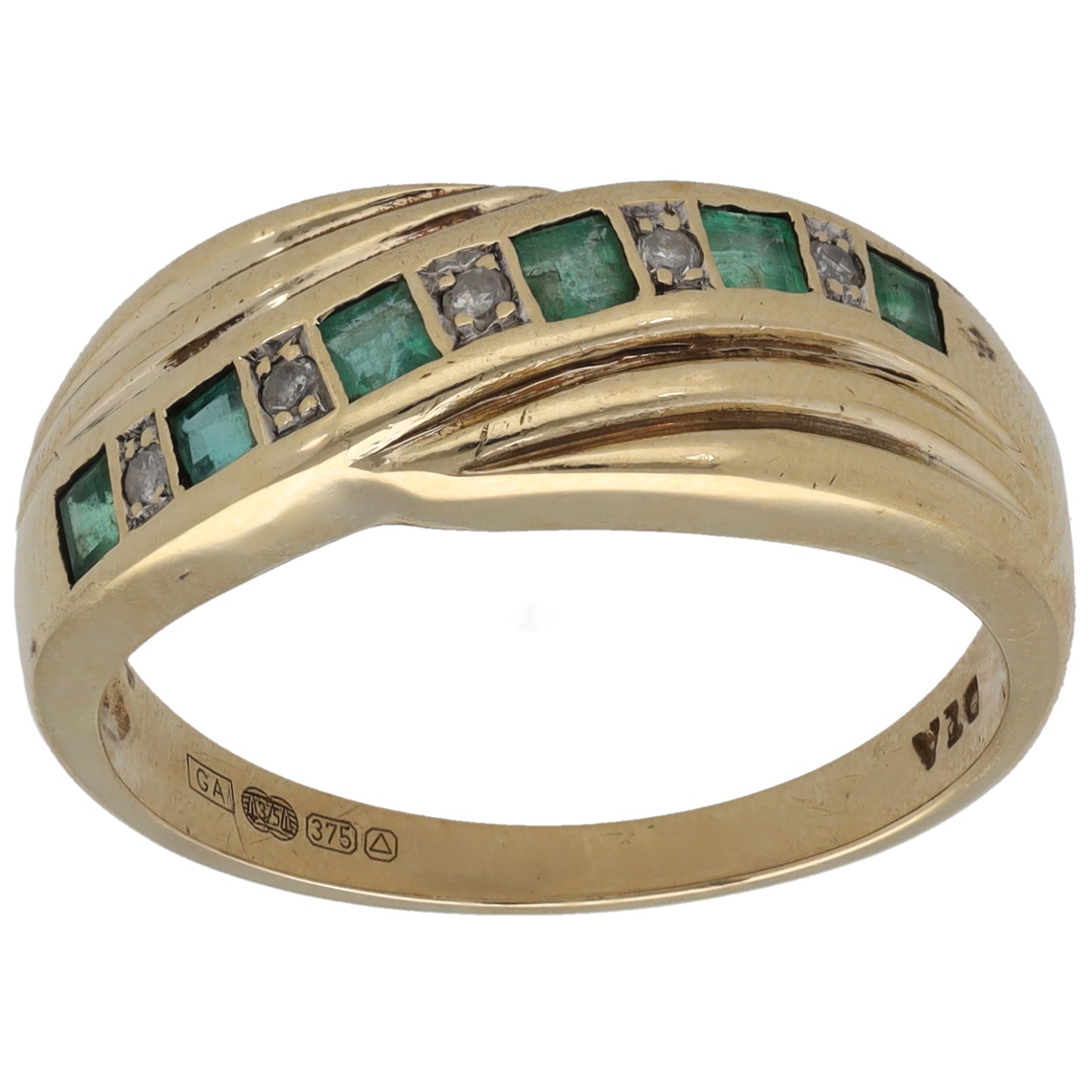 9ct Gold Emerald & 0.05ct Diamond Half Eternity Ring Size P 1/2