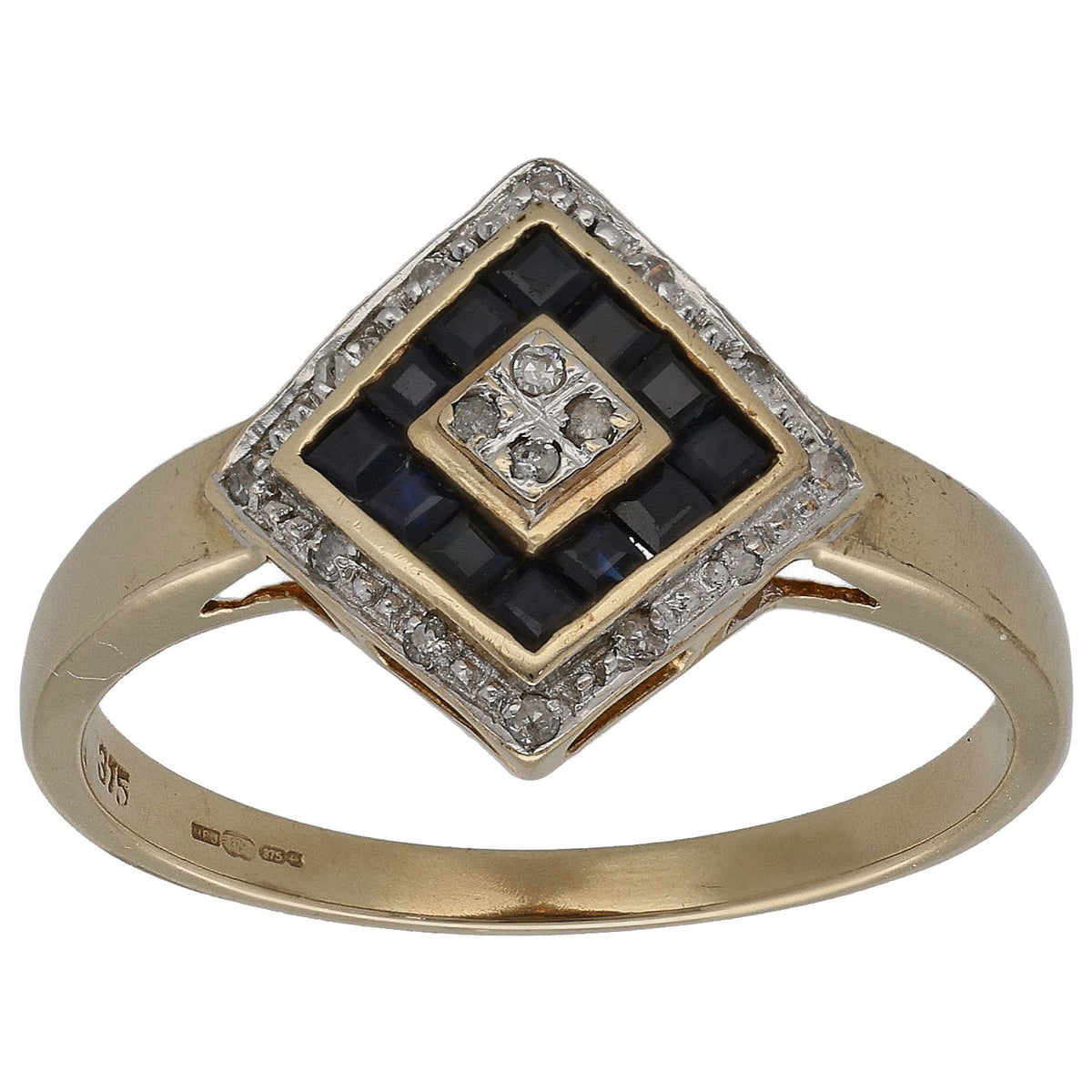 9ct gold cocktail ring with square sapphire center and diamond halo, size Q