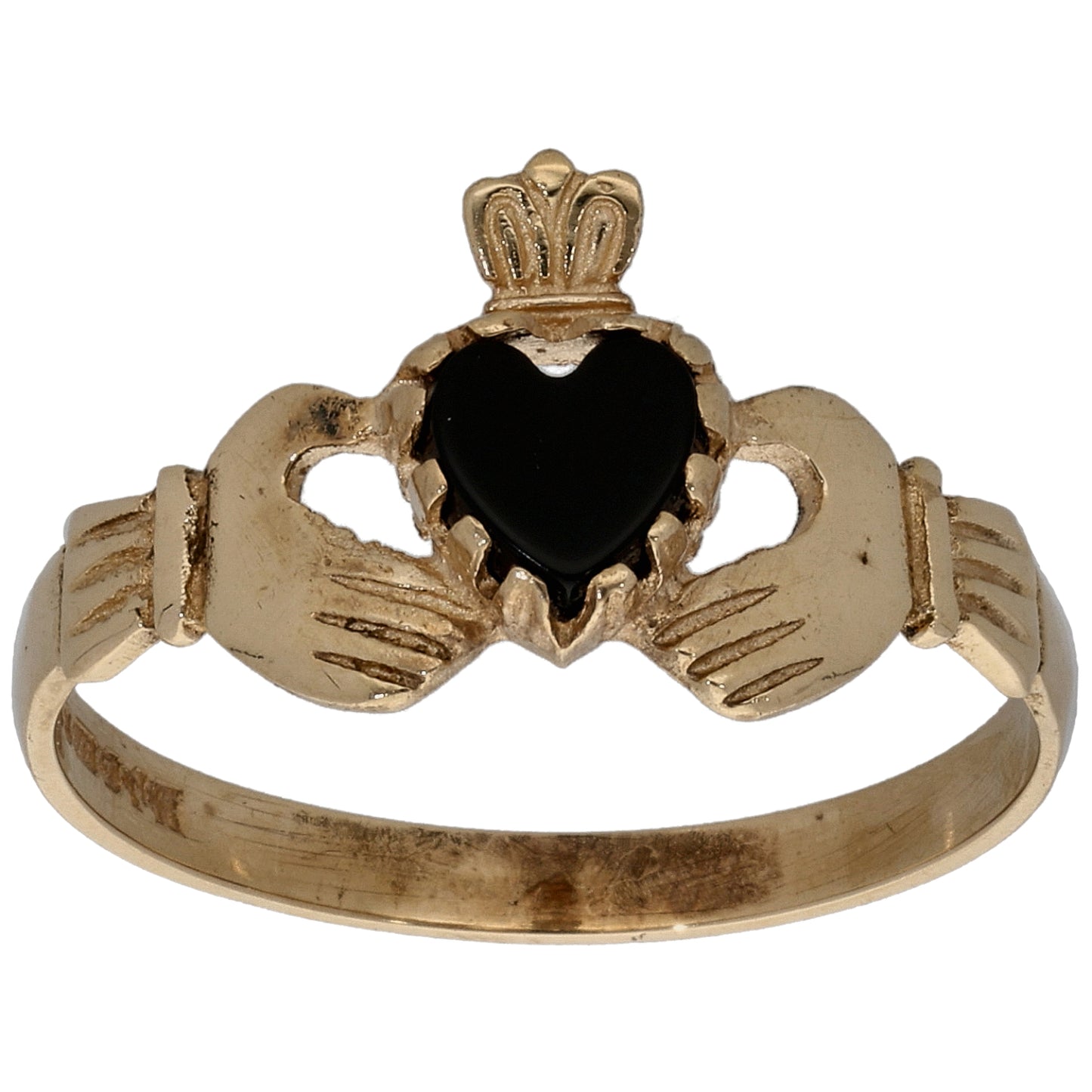 9ct Gold Onyx Single Stone Claddagh Ring Size P