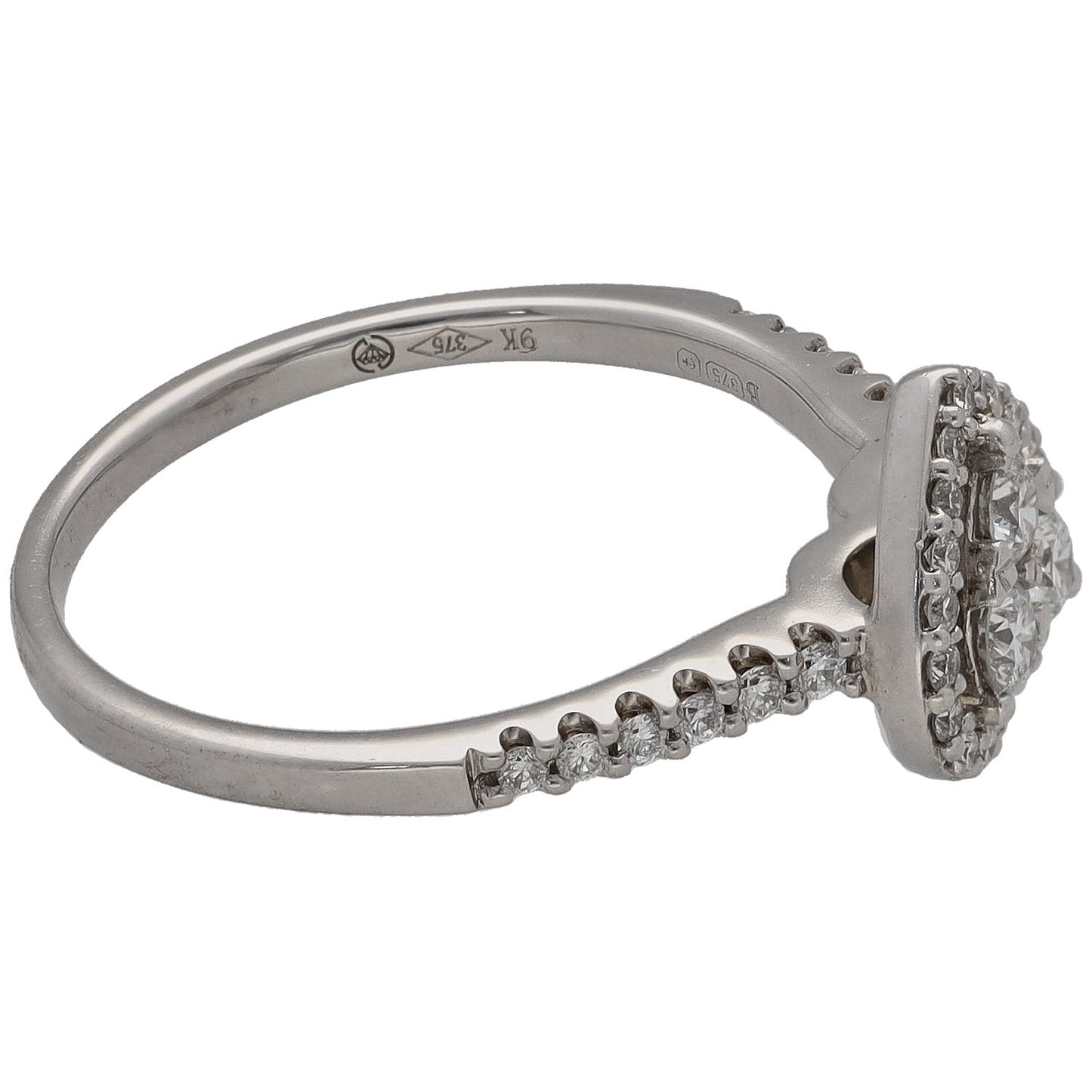 9ct white gold diamond cluster ring, side view