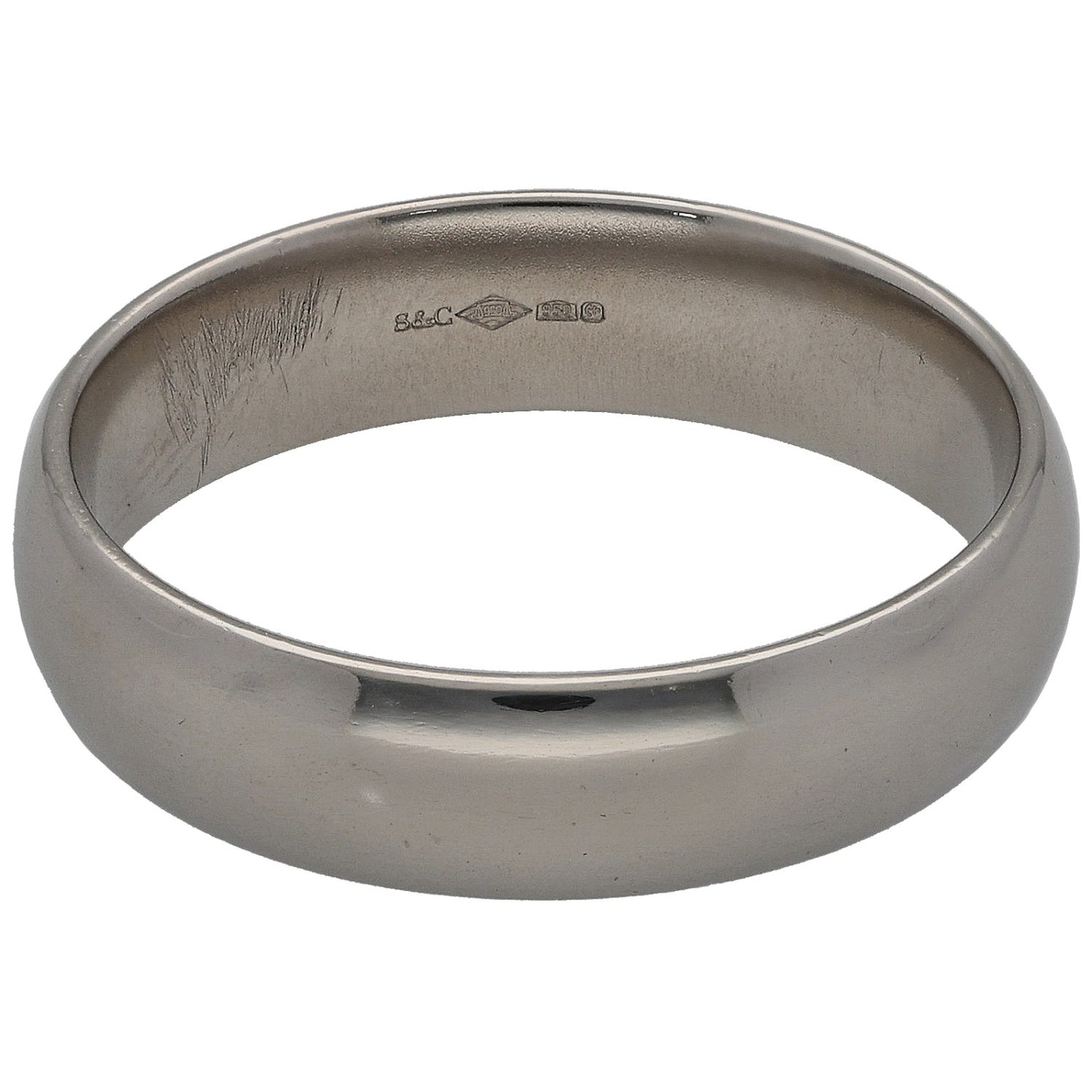 Platinum wedding ring, size P, engraved interior on smooth polished band