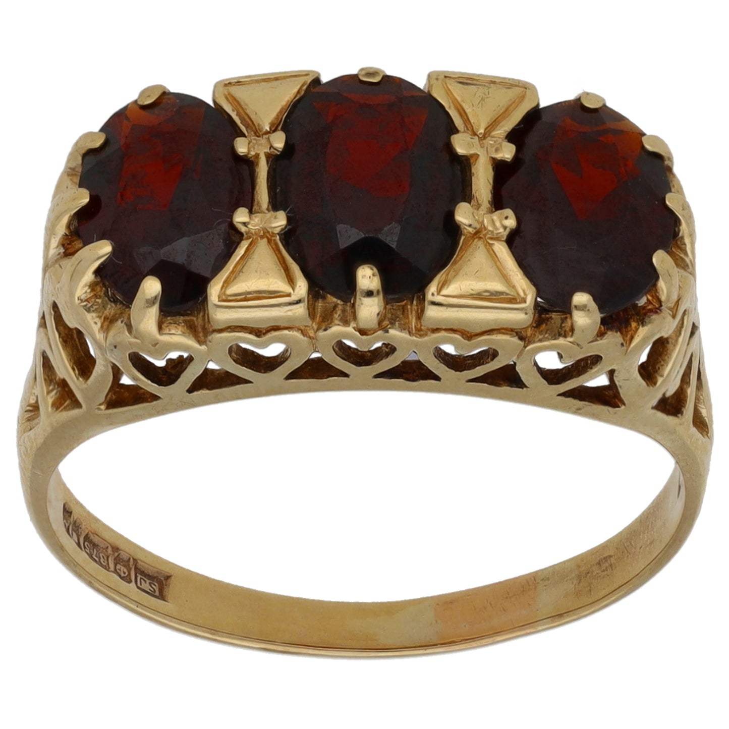 9ct Gold Garnet Trilogy Ring Size P