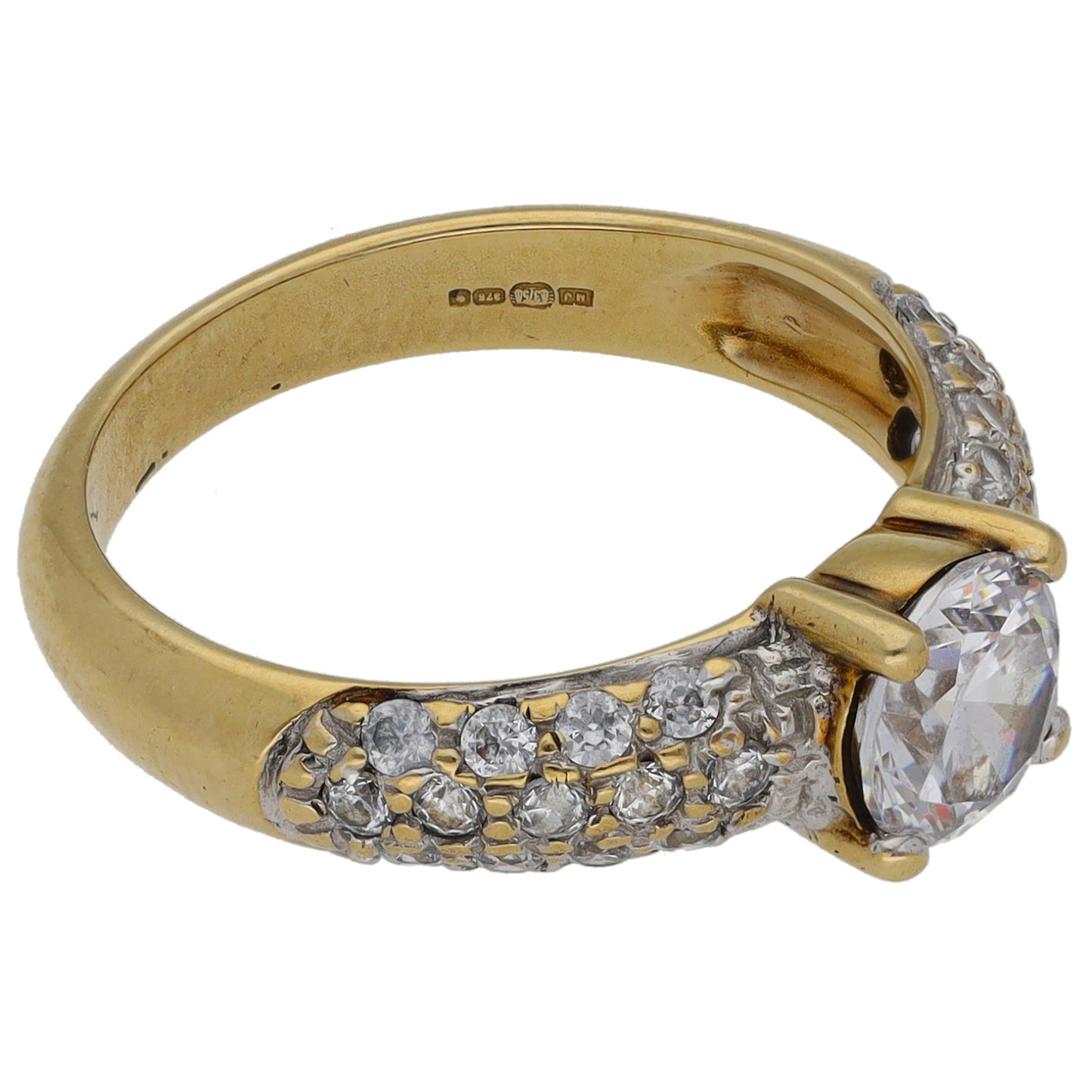 9ct Gold Cubic Zirconia Single Stone Ring with Accent Stones Size L