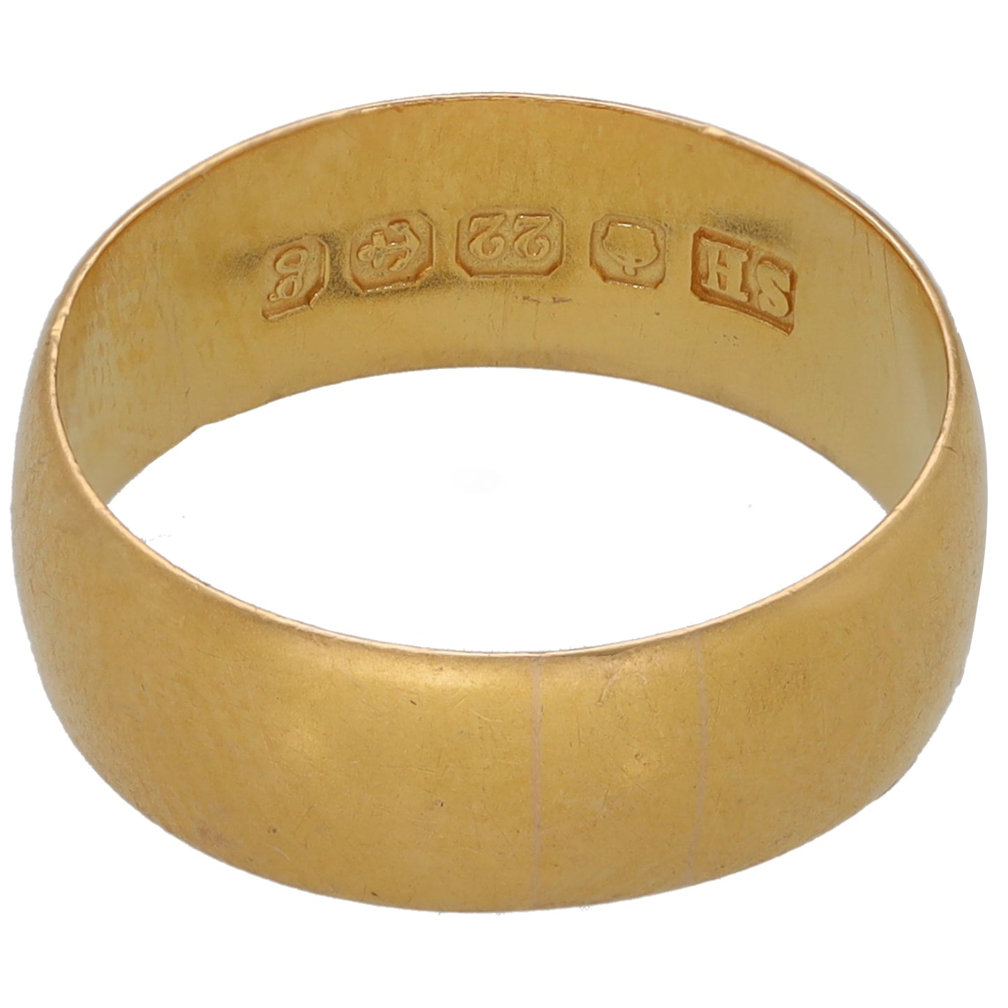 22ct Gold wedding band with engraved inner markings on inside band