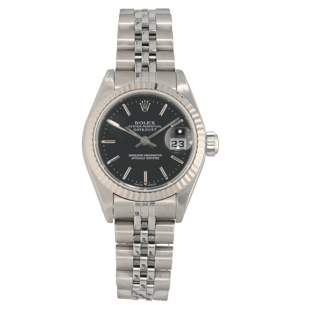 Rolex Lady Datejust 79174, black dial inside 26mm stainless steel case and 15.5cm bracelet