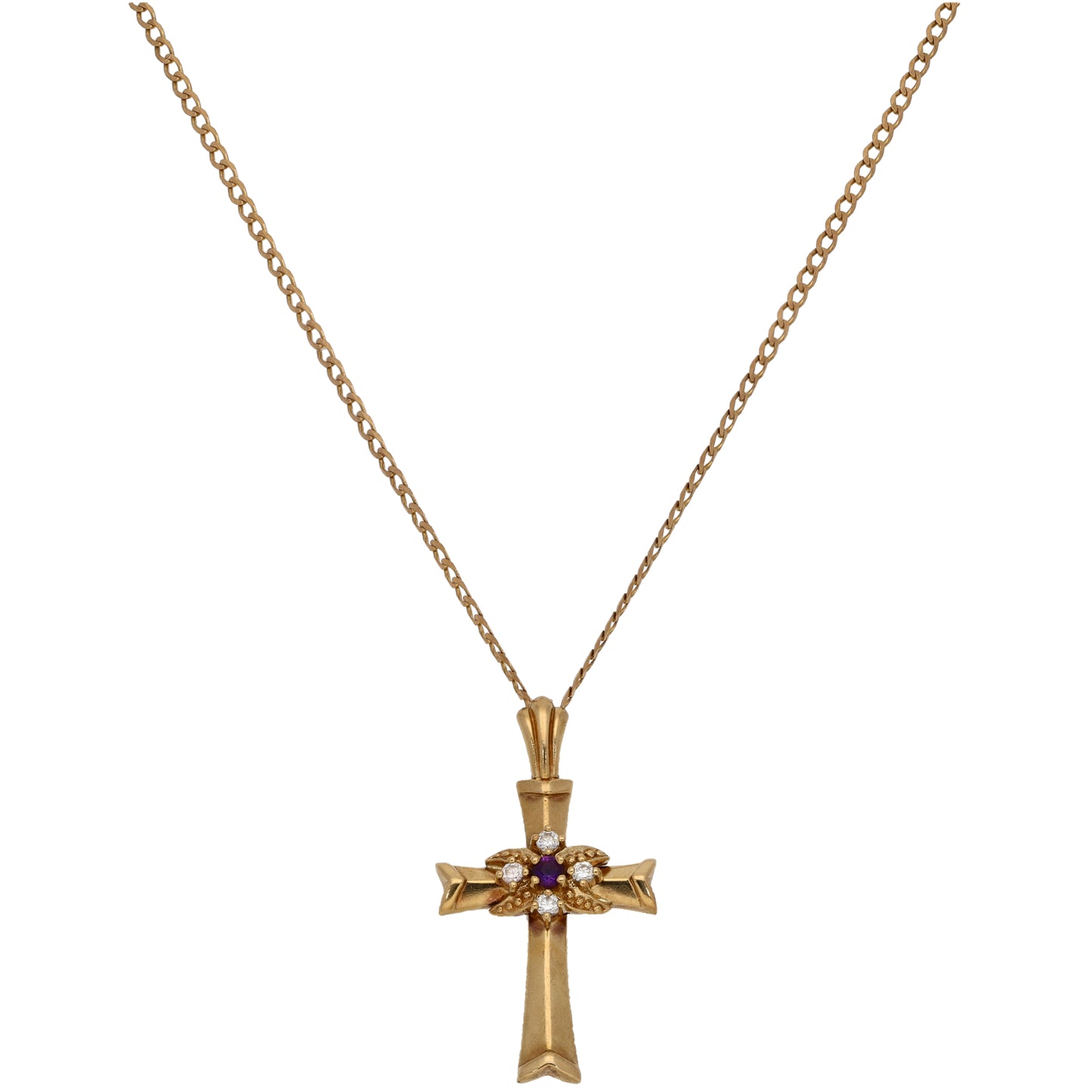 9ct Gold Amethyst & Cubic Zirconia Cross Pendant With Chain