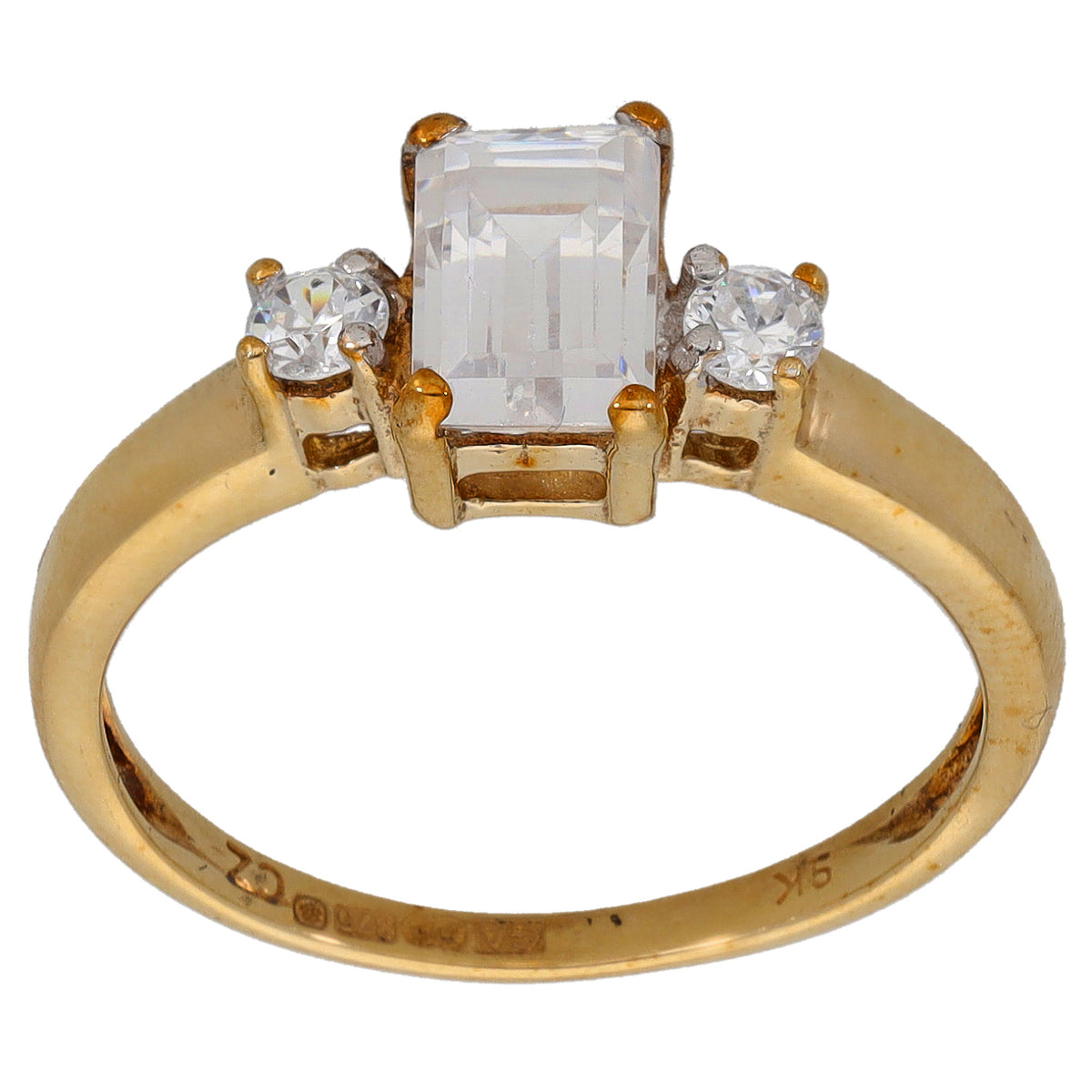Gold three-stone CZ ring with square center stone and round side stones