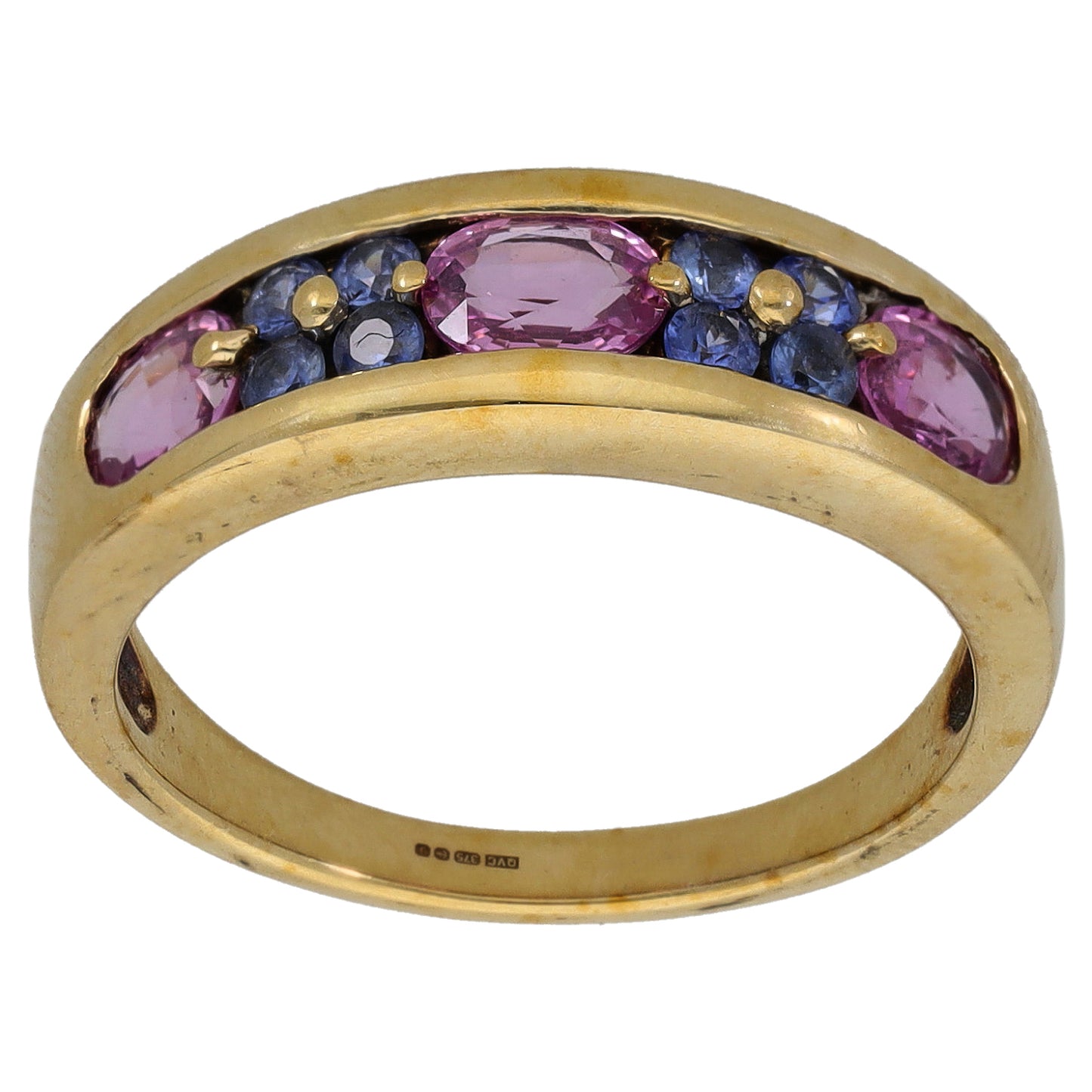 Gold-tone ring featuring arched oval pink stones with blue sapphire surround