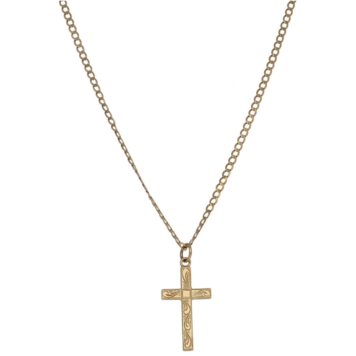 9ct gold cross pendant necklace with link chain, small engraved cross pendant
