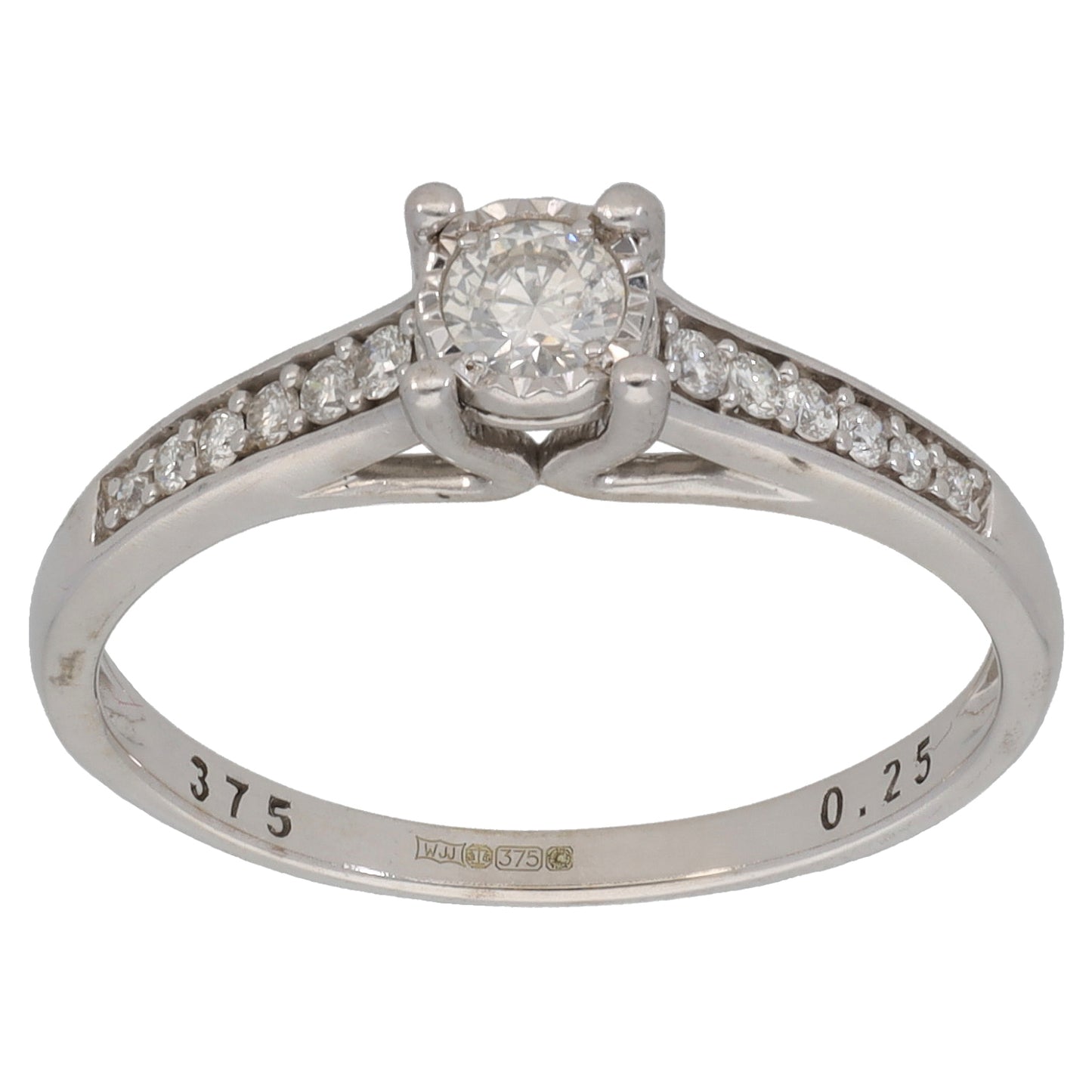 9ct White Gold 0.25ct Diamond Solitaire Ring With Accent Stones Size N