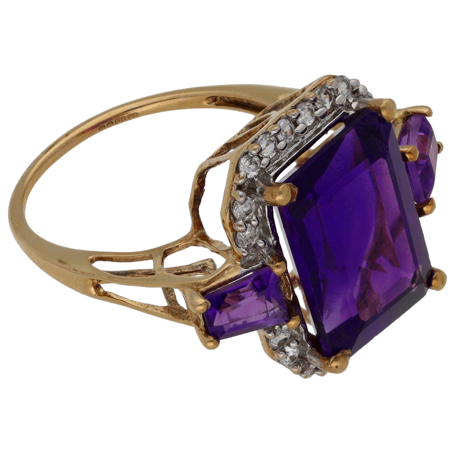 9ct Gold Amethyst & Cubic Zirconia Dress/Cocktail Ring Size N