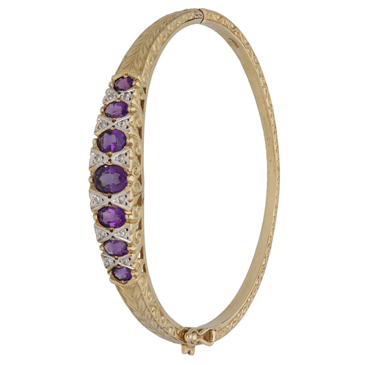 9ct Gold Amethyst & 0.12ct Diamond Hinged/Clasp Bangle