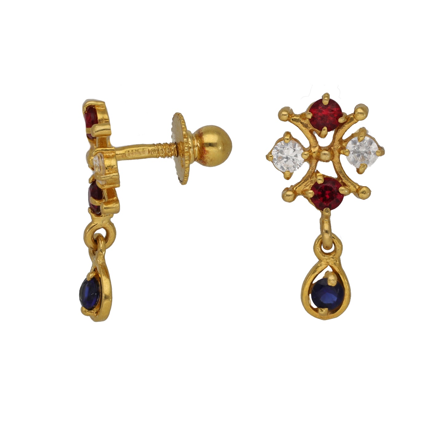 22ct Gold-tone cocktail earrings with red and white stones and blue teardrop dangles
