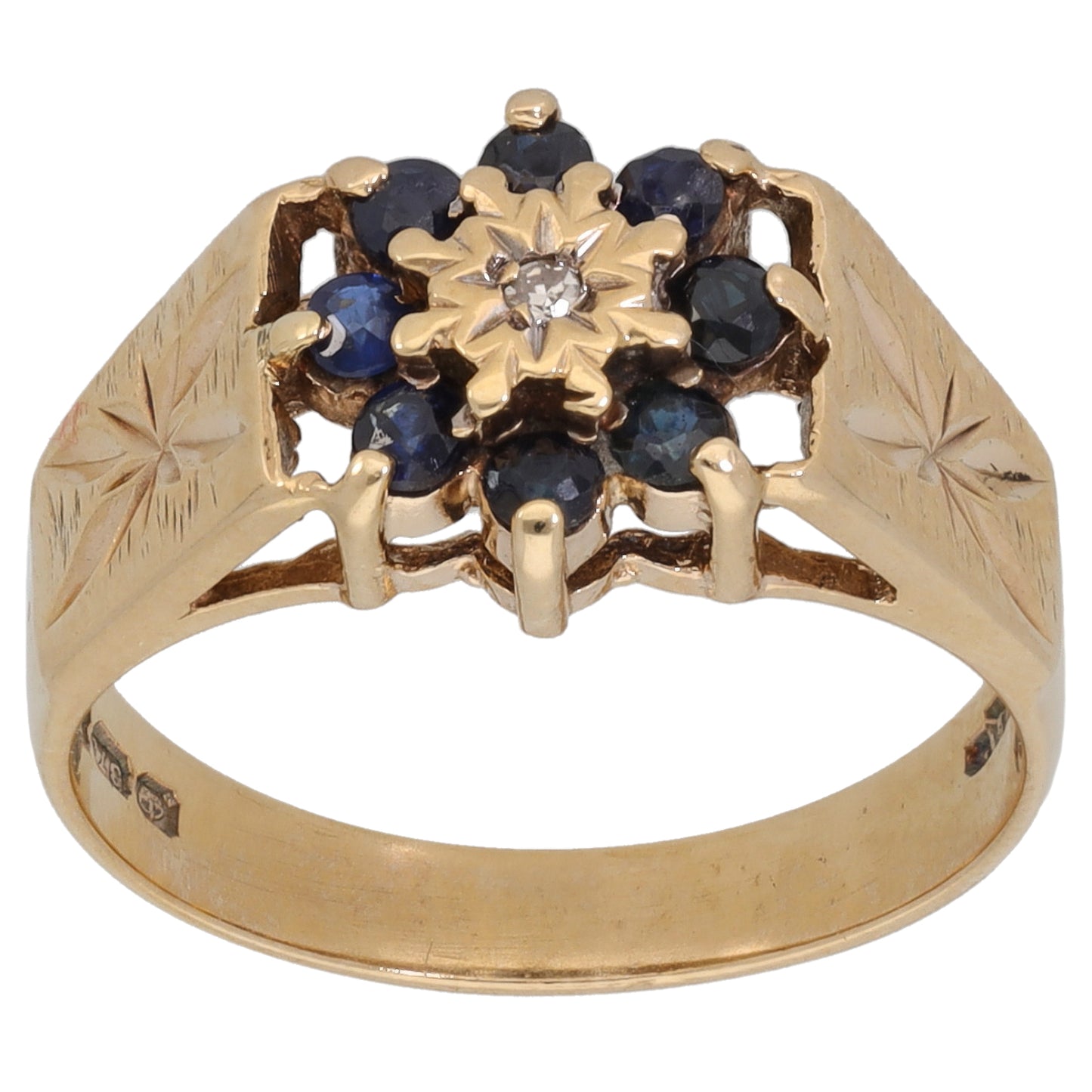 9ct Gold Sapphire & 0.01ct Diamond Cluster Ring Size L