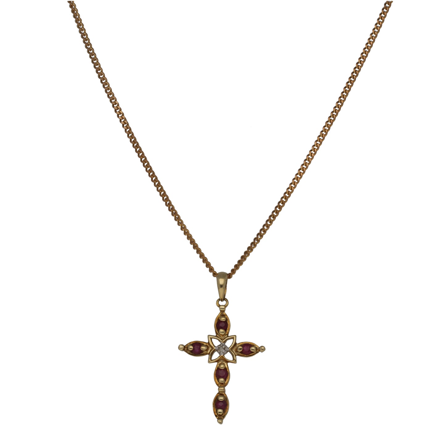 9ct Gold Ruby & 0.005ct Diamond Cross Pendant With Chain