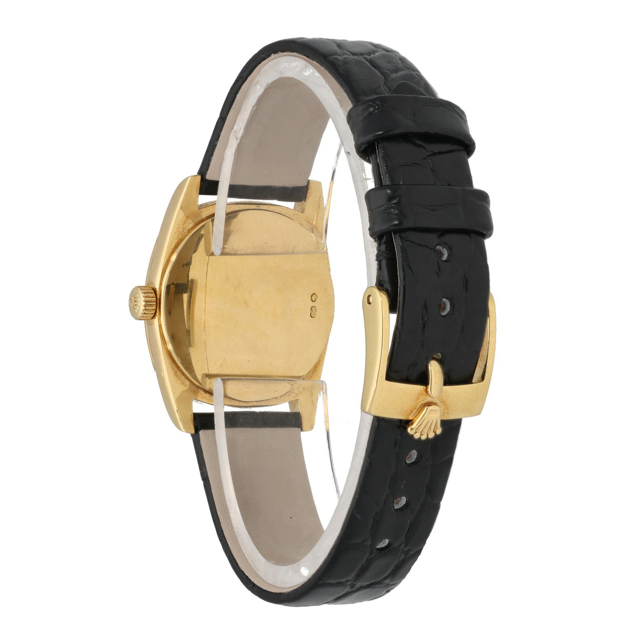 Rolex Cellini Danaos 6229/8 watch caseback with gold-tone backplate and black leather strap