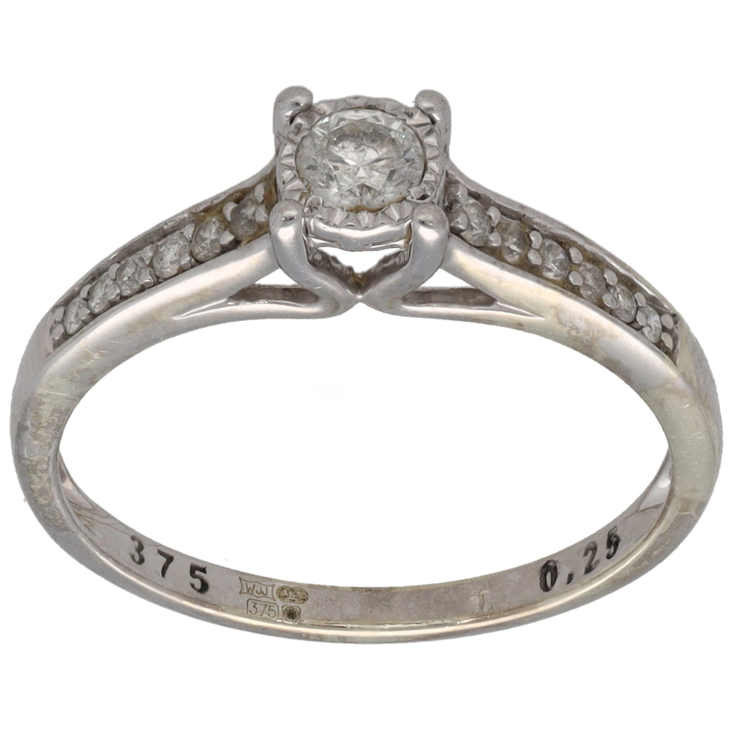 9ct White Gold 0.25ct Diamond Solitaire Ring With Accent Stones Size L