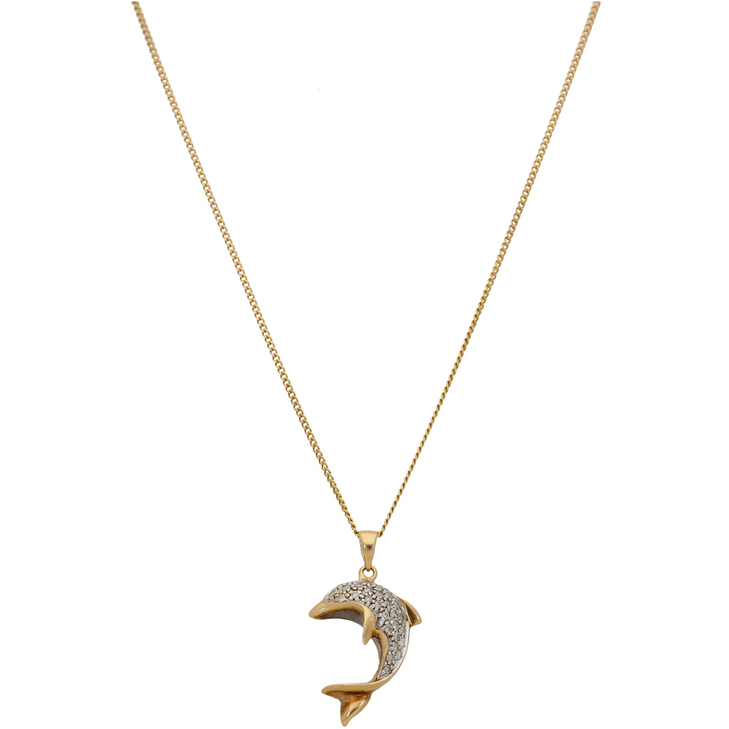 9ct Gold 0.14ct Diamond Dolphin Pendant With Chain