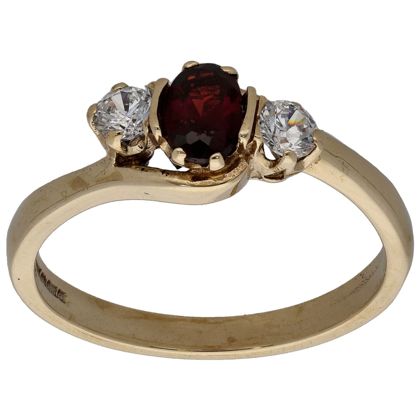 9ct Gold Garnet & Cubic Zirconia Three Stone Ring Size P